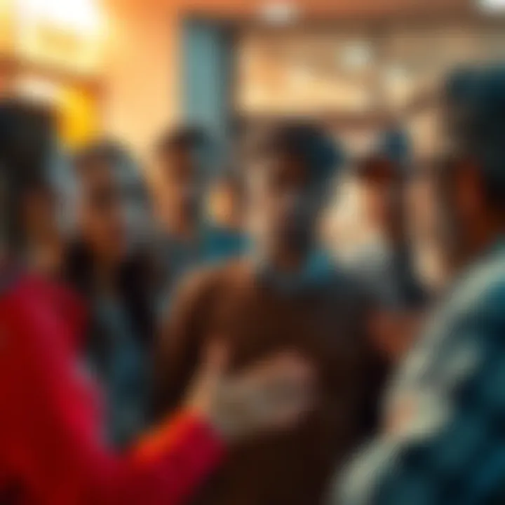 A group of people in conversation, some looking anxious and others supportive, highlighting the trend of seeking assistance
