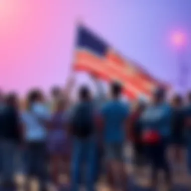 A group of diverse people standing together, holding an American flag, displaying unexpected feelings of national pride during a public event.