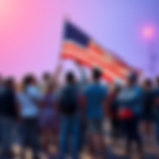 A group of diverse people standing together, holding an American flag, displaying unexpected feelings of national pride during a public event.