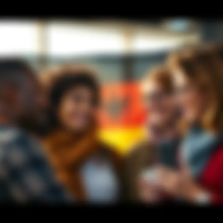 A group of diverse people smiling and engaging in conversation, representing friendships across borders with Germany's flag in the background.