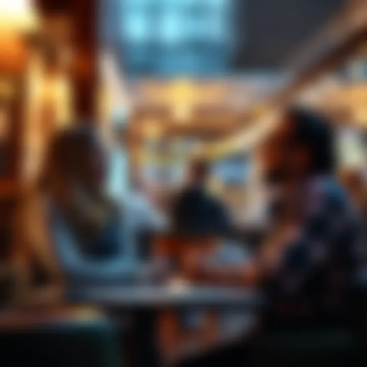 Two friends discussing the phrase 'THAT WAS FOR REBECCA and David' while sitting at a café, surrounded by a warm ambiance.