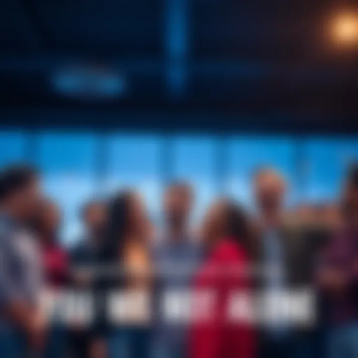 A group of diverse individuals standing together, smiling and sharing feelings, showing camaraderie and support.