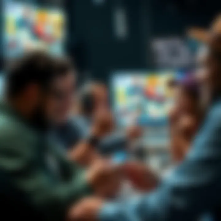 A group of people discussing and laughing about various memes on social media platforms, showcasing different meme images on their devices.