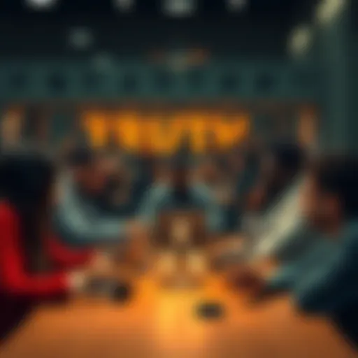 A group of people discussing various claims and ideas around a table, with laptops and smartphones in front of them.