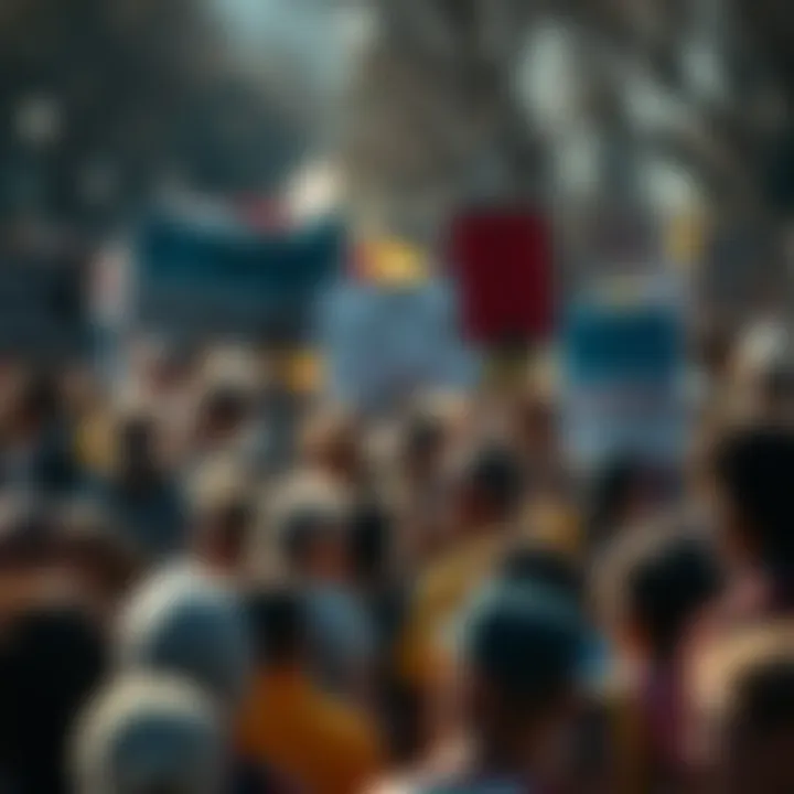 A diverse group of people gathered, holding signs calling for change and progress in their community.
