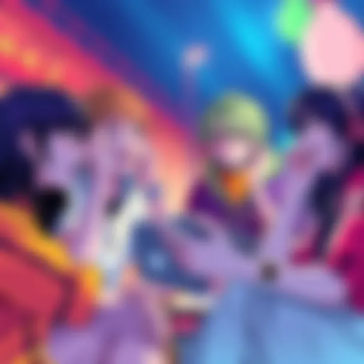 A group of friends animatedly talking about their favorite anime characters and shows, showcasing their enthusiasm and shared interests.