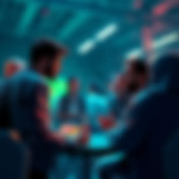 Group of people sharing ideas on how to improve the game APOC through matches and storylines