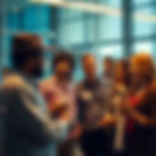 A group of people engaged in a conversation, expressing different phrases and gestures to illustrate effective communication.