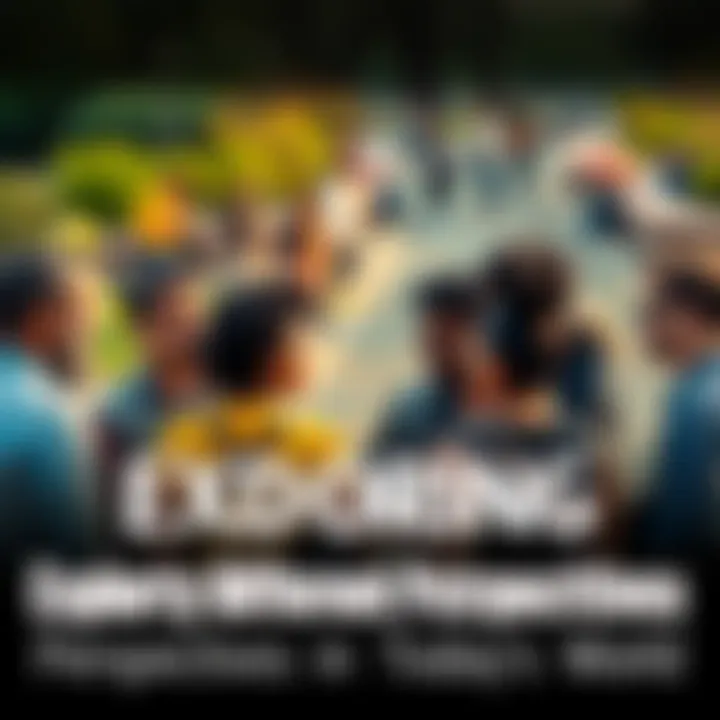 A group of diverse people engaged in a lively discussion about various viewpoints in a park setting.