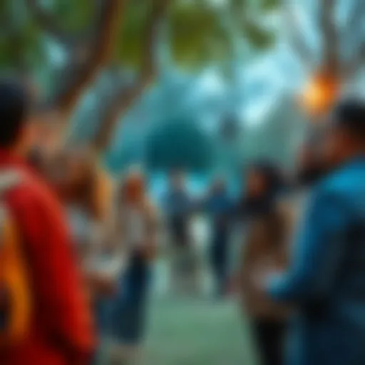A group of diverse people gathered in a park talking about harassment scenarios and police involvement.
