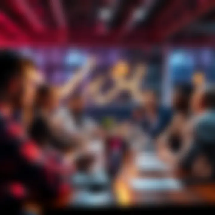 People Discussing Ideas A group of people engaged in a lively discussion at a table, sharing thoughts and insights about a topic.