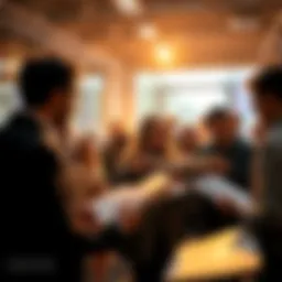 People examining news articles A group of people discussing current events and news trends in a lively atmosphere