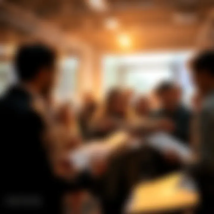 People examining news articles A group of people discussing current events and news trends in a lively atmosphere