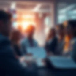 A group of people engaged in conversation, analyzing charts and news articles about future events