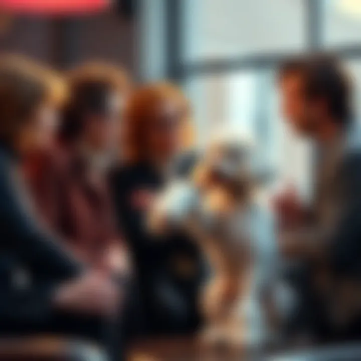 A group of people engaged in a lively debate about the popularity of poodles, with a poodle sitting nearby.