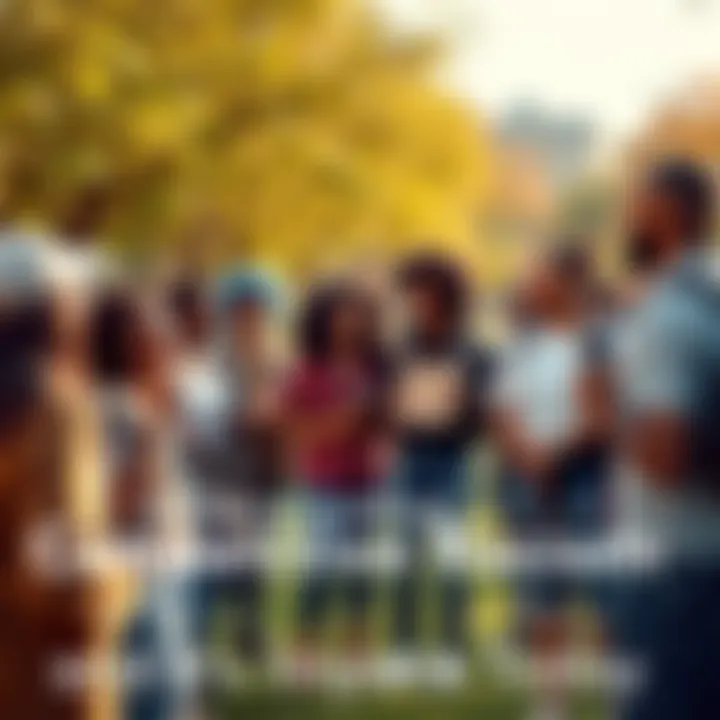 A diverse group of people in a park engaging in a conversation about racism and community issues, with some holding signs related to social justice.