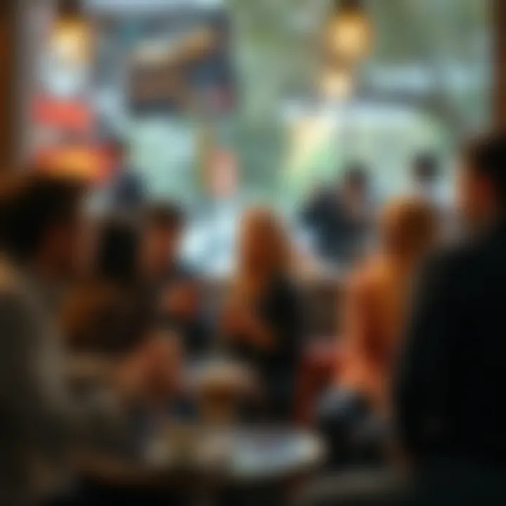 A group of people engaging in conversation about rumors at a coffee shop
