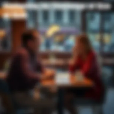 Two people discussing size in relationships A man and woman sitting at a café table, engaged in a thoughtful conversation about perceptions of size in their relationship.