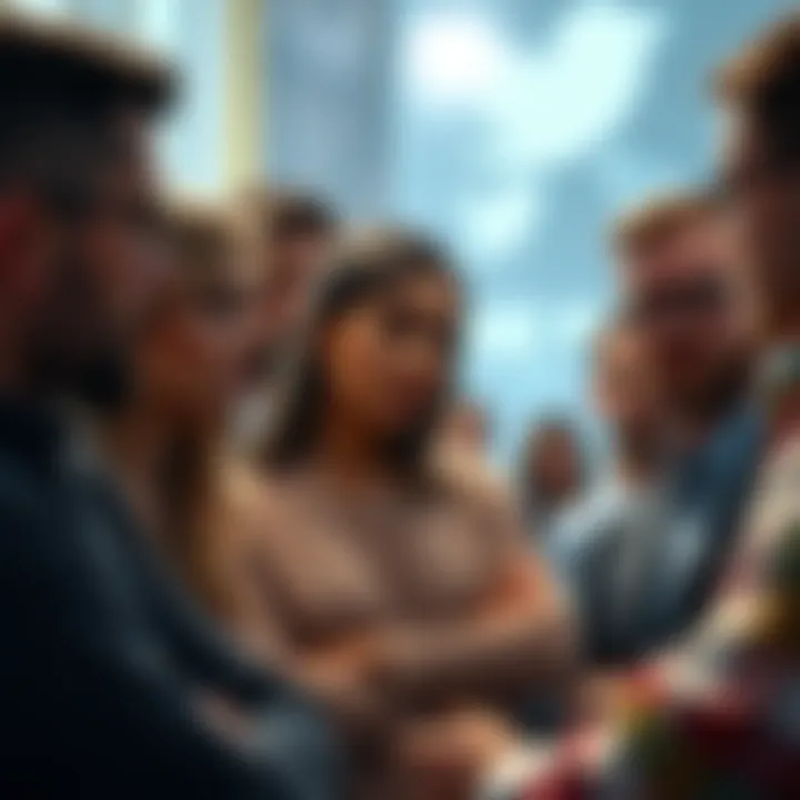 A group of people engaged in conversation, expressing differing opinions about a new social media platform, some are frustrated while others look intrigued.