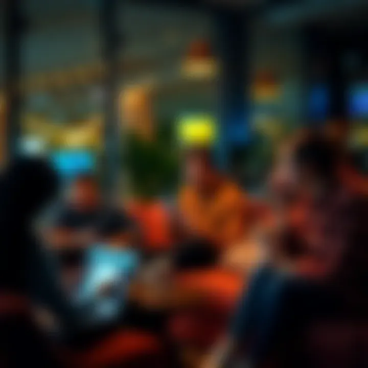 A group of people engaging in discussions about trends on their laptops and smartphones in a cozy setting