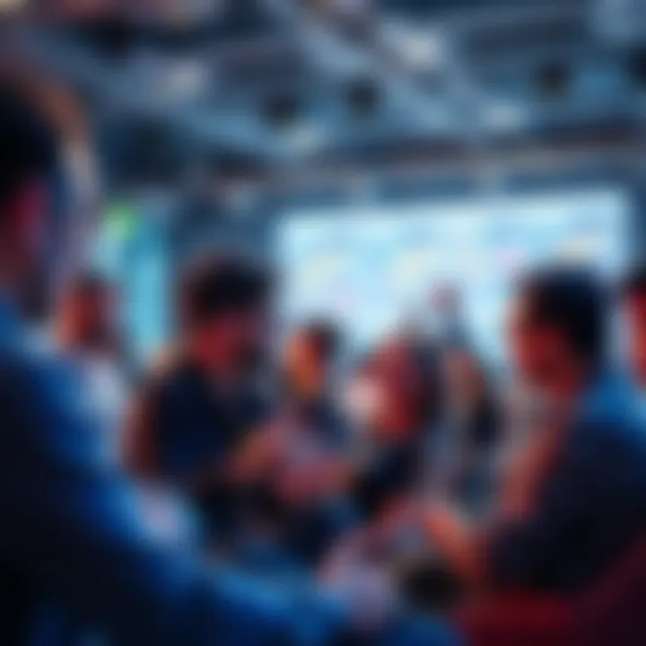A group of people engaged in conversations on a forum, sharing ideas and trends.