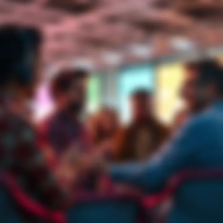 A group of diverse people discussing trends on a forum, sharing ideas and opinions.