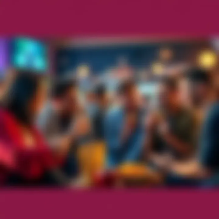 People discussing a TV show Group of friends sharing opinions about a TV show over snacks
