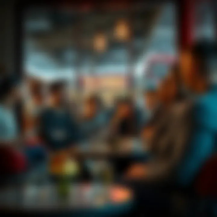 A diverse group of people gathered in a café, engaging in a lively conversation about Yo Angelo, showcasing various expressions of interest and curiosity.