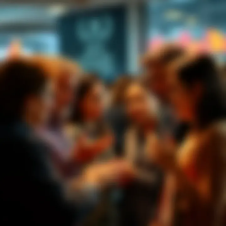 People engaged in conversation A group of people discussing various topics with expressive gestures and focused expressions, illustrating the impact of word choice in conversations