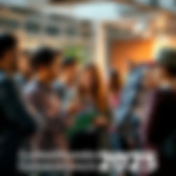 A diverse group of people talking and asking questions in a community setting, showing curiosity and connection.