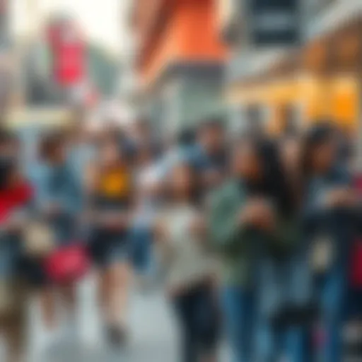 A diverse group of people participating in various everyday activities, like walking, chatting, and sharing meals, symbolizing community and shared experiences.