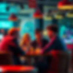 A group of people discussing Reze at a cafe, showing excitement and curiosity