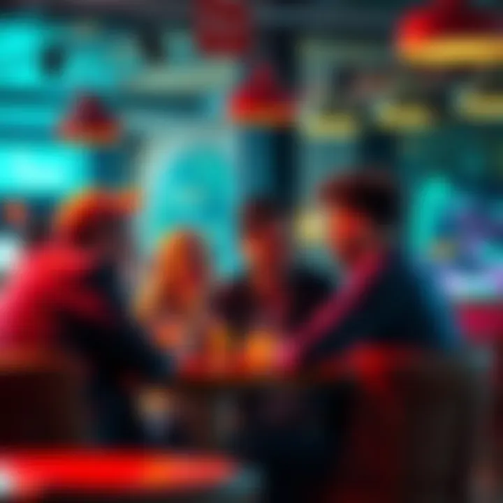 A group of people discussing Reze at a cafe, showing excitement and curiosity