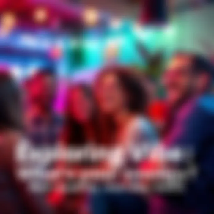 People enjoying a vibrant atmosphere A group of friends laughing and sharing good energy in a lively setting, surrounded by colorful decor and warm lighting