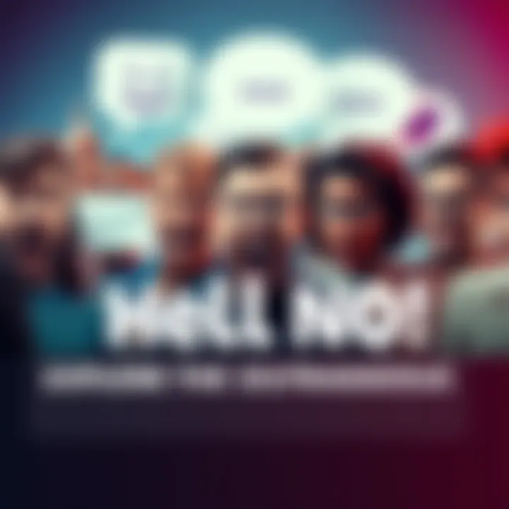 A diverse group of people passionately discussing controversial topics, showing various emotions like anger and frustration, surrounded by speech bubbles depicting their opinions.