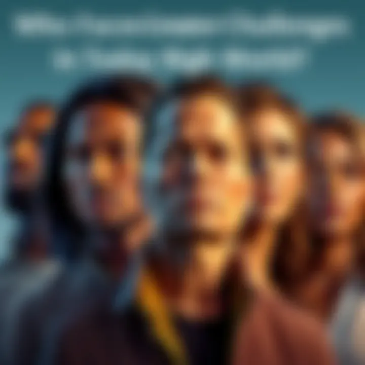 People facing challenges A diverse group of individuals representing various demographics, showing expressions of concern and determination while discussing their struggles in today's society.