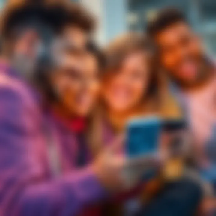 A group of people laughing together while looking at a phone, sharing humorous online reactions