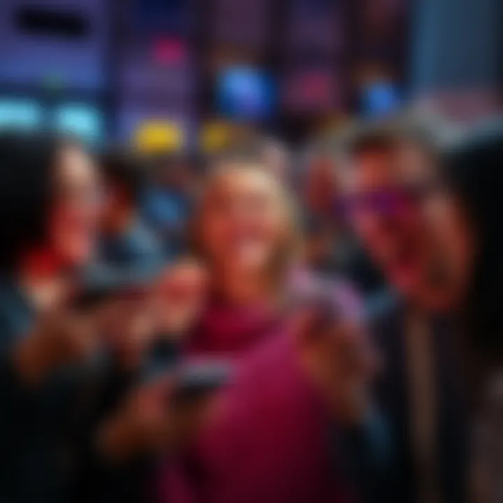 A group of people laughing while looking at their phones, reacting to funny tweets on social media