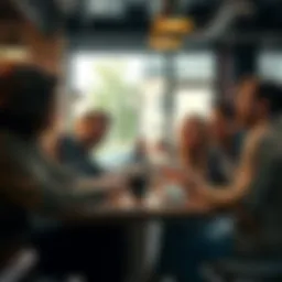 A group of friends sharing a funny moment while laughing at a coffee shop table