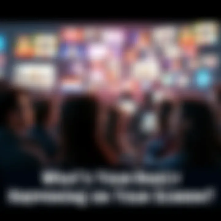 A group of people gazing intently at various screens, showing different online content and trends, reflecting the chaotic online world