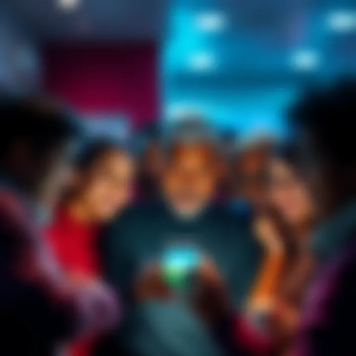 A diverse group of people expressing emotions while reading a comment on a smartphone