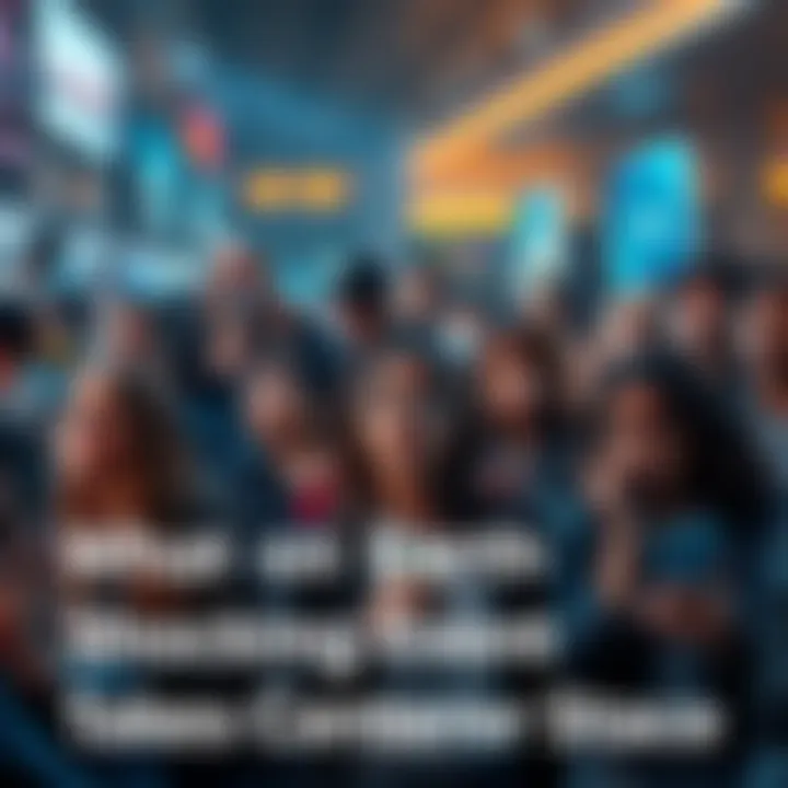 A crowd of people expressing surprise and disbelief at a recent shocking event, looking at their phones and discussing among themselves.