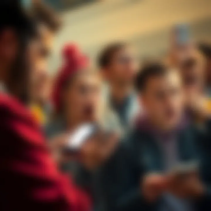 Group of individuals expressing various emotions while looking at social media posts on their devices