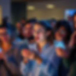 A group of people expressing surprise and concern while looking at their phones