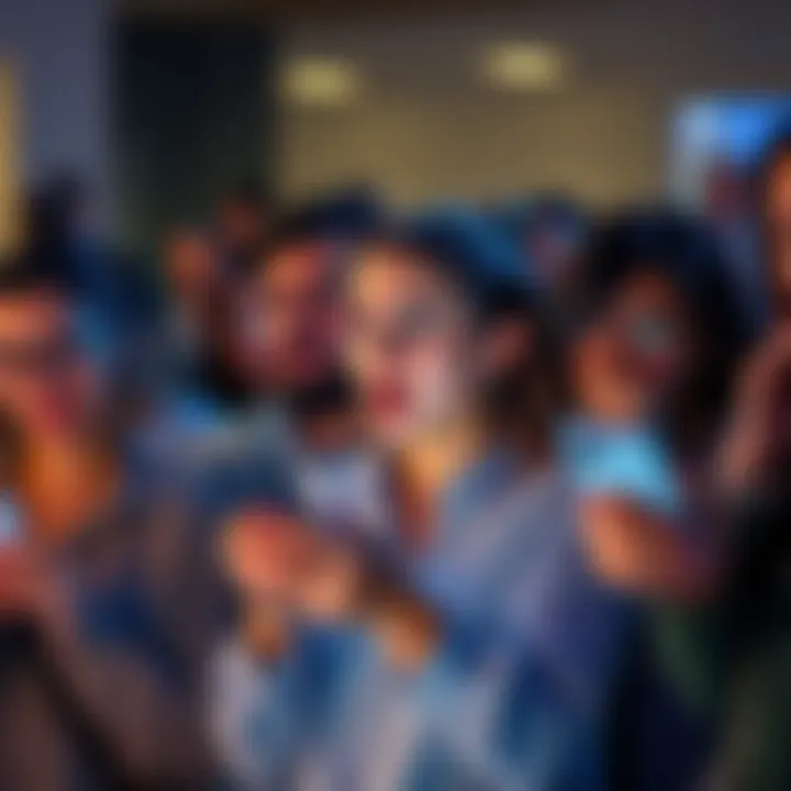 A group of people expressing surprise and concern while looking at their phones