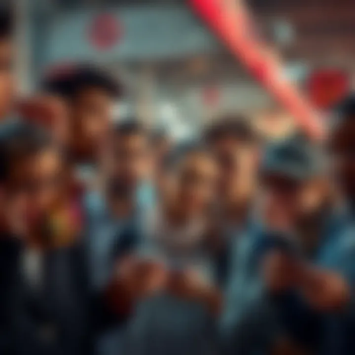 A group of diverse individuals showing shock and confusion as they discuss urgent news updates, some looking at their phones and others engaged in conversation.