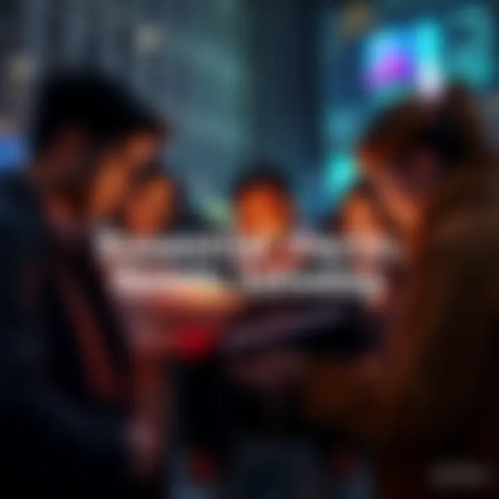 A diverse group of people gathered around a digital screen, engaging with current news articles and discussions.