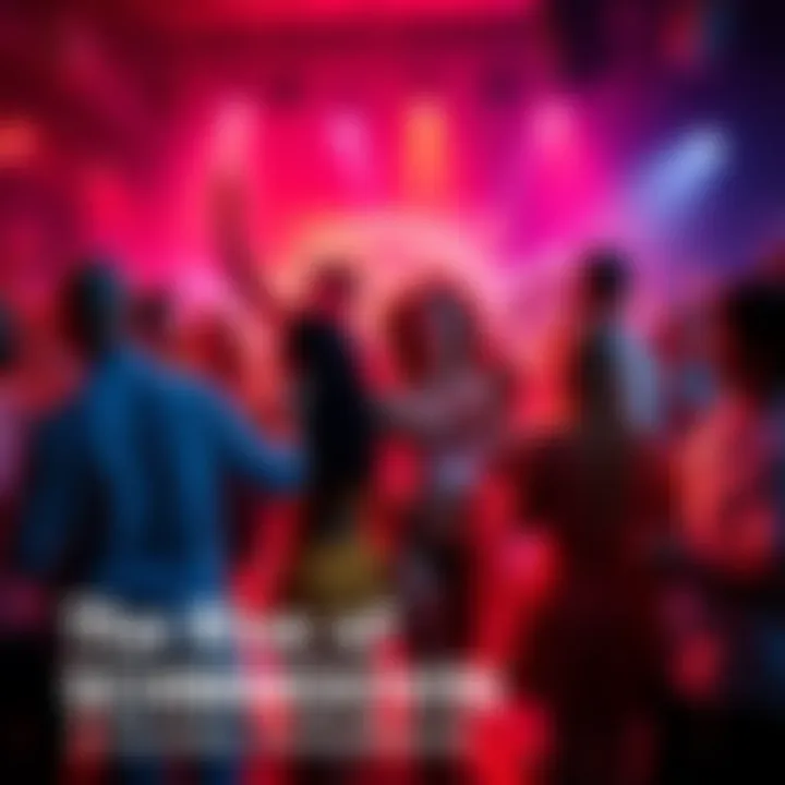 A diverse group of people joyfully schmoovin at a party, showcasing different dance styles and interactions