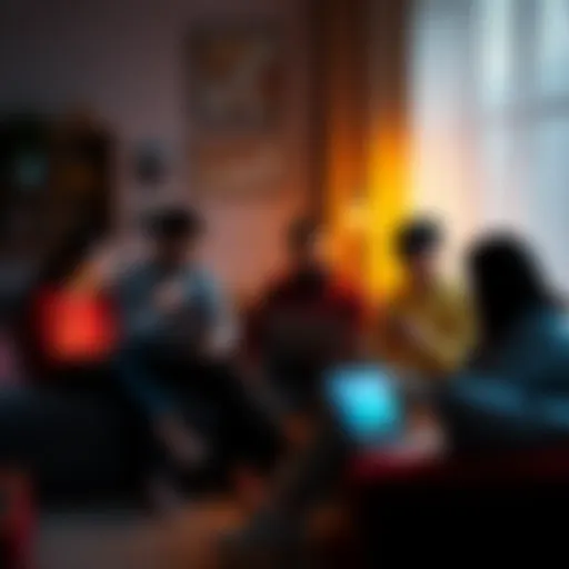 A group of people sitting together, discussing their personal challenges and sharing support on laptops and tablets in a cozy setting.