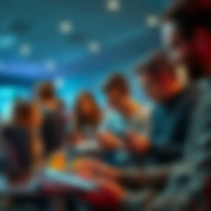 A diverse group of people engaged in discussions on a forum, sharing ideas and content through their devices.